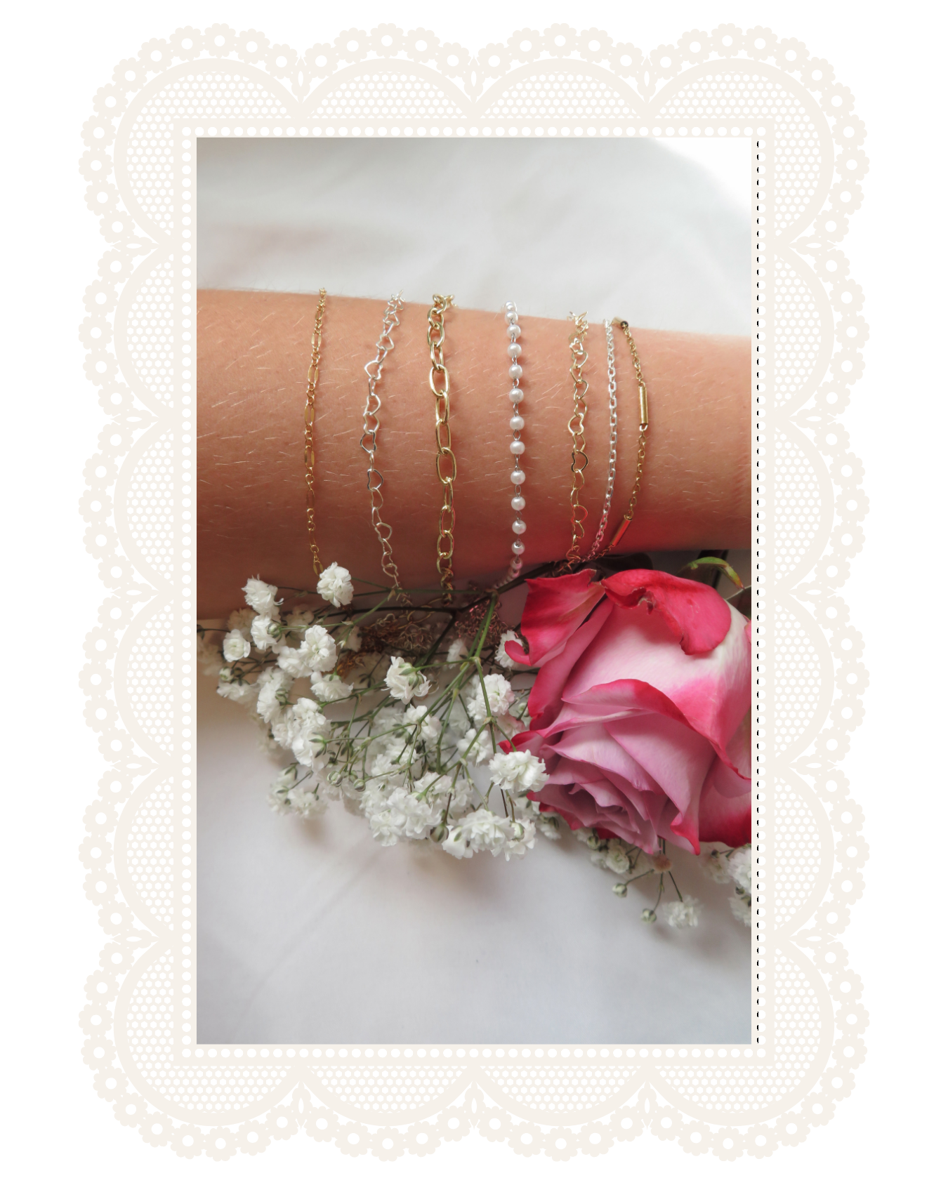 Delicate gold and silver permanent bracelets layered on a wrist